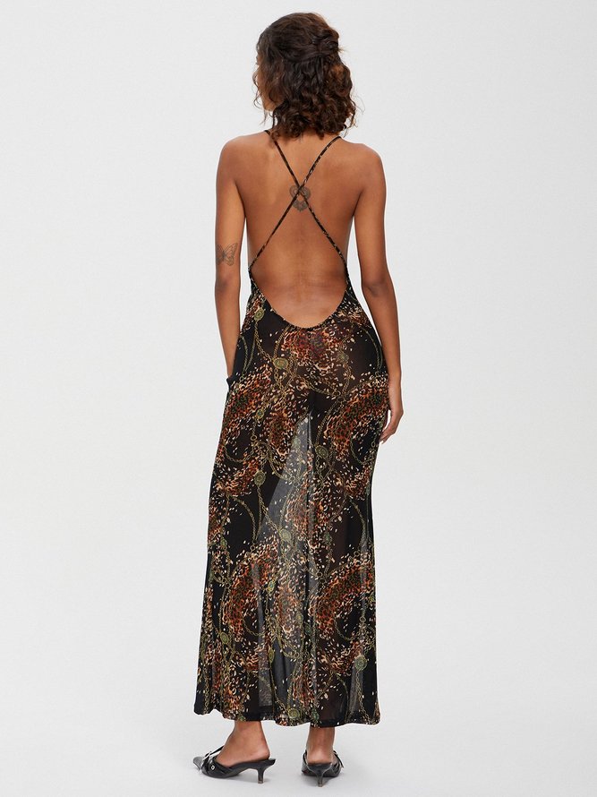 Halter Leopard Sleeveless Maxi Dress