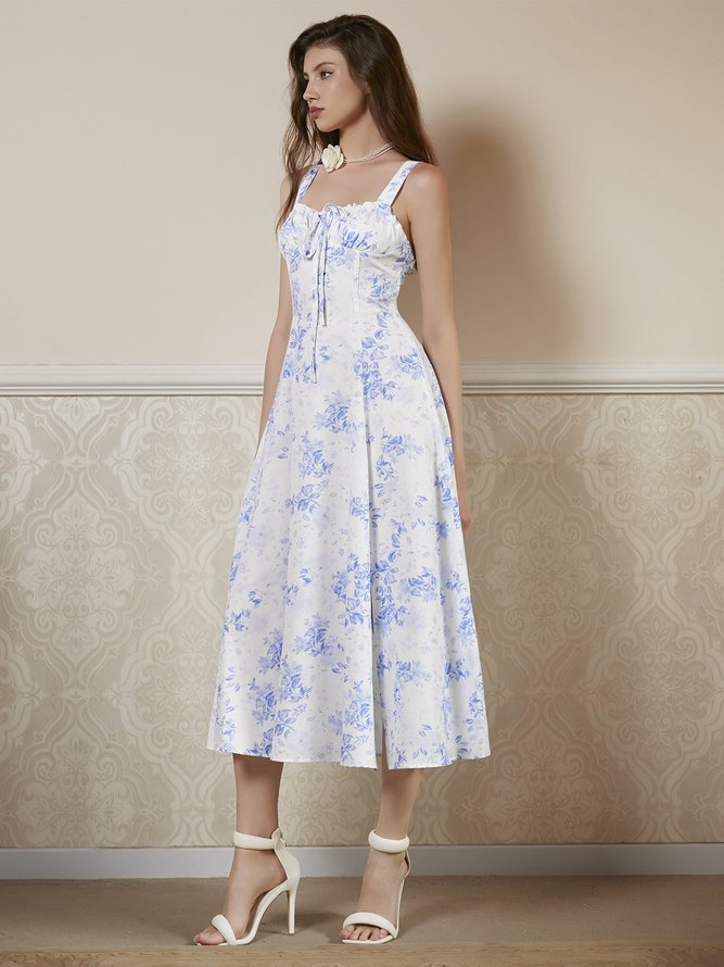 Square Neck Floral Gallus Maxi Dress