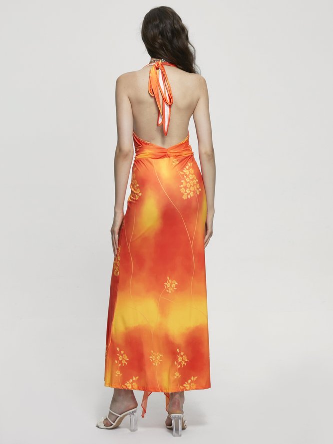 Side Slit Backless Mesh Halter Floral Sleeveless Maxi Dress