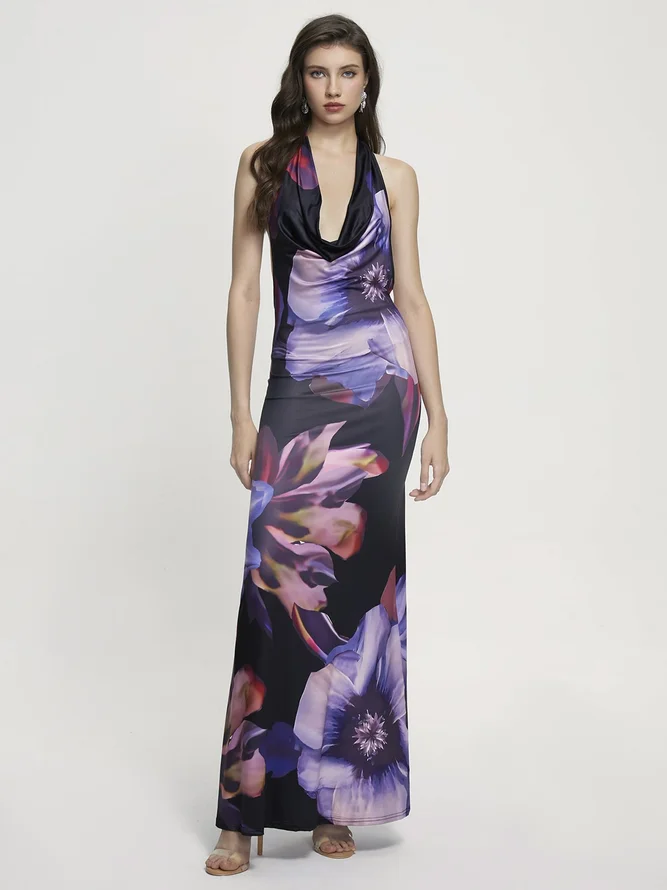 Halter Floral Sleeveless Maxi Dress