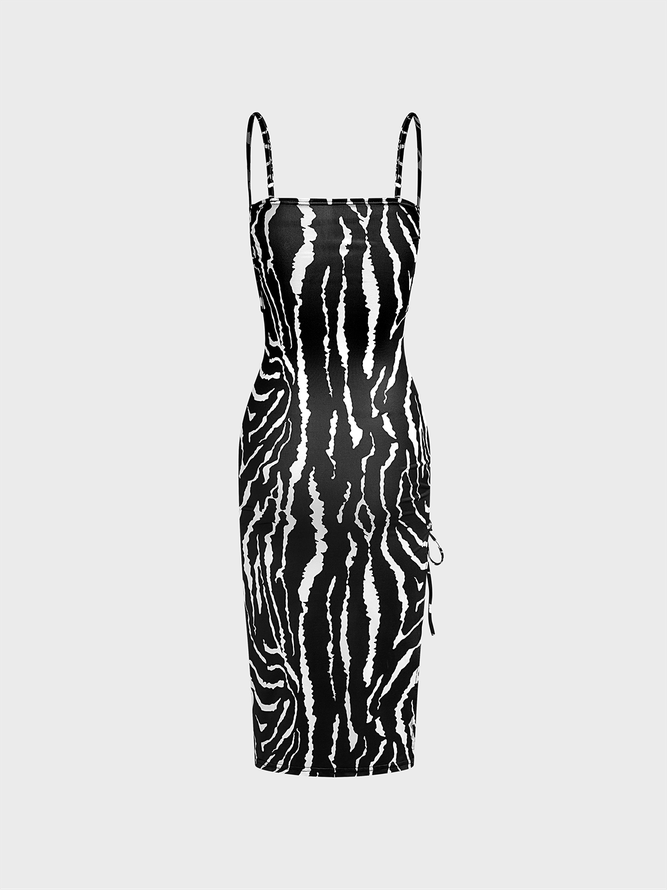 Lace Up Spaghetti Zebra Sleeveless Midi Dress