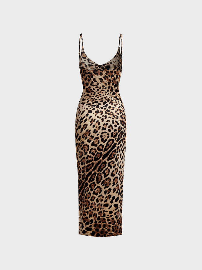 Spaghetti Leopard Sleeveless Midi Dress