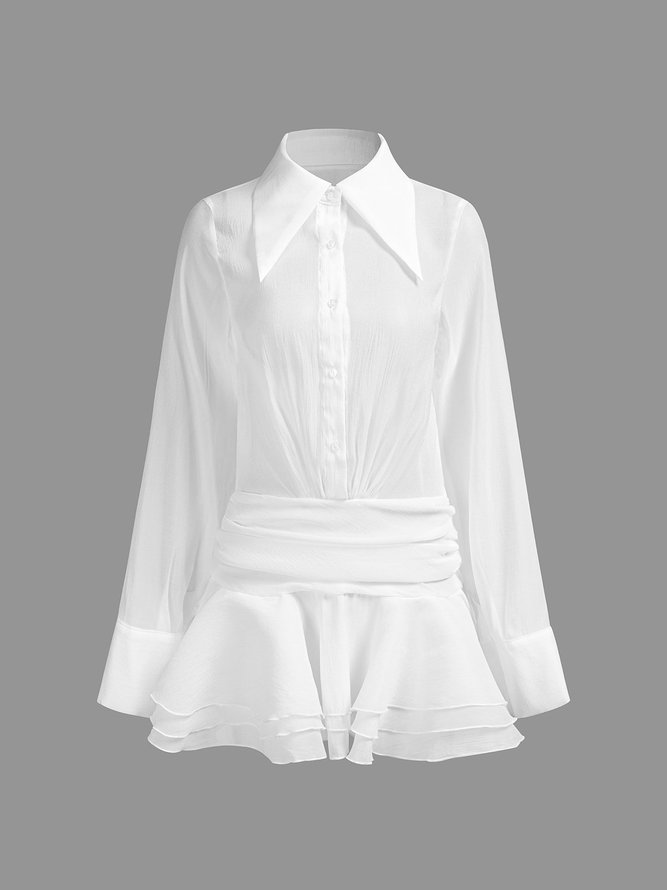 Shirt Collar Plain Long Sleeve Short Shirt Dress
