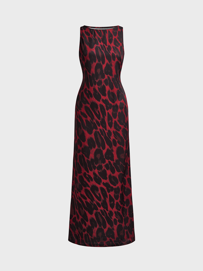 Crew Neck Leopard Sleeveless Maxi Dress