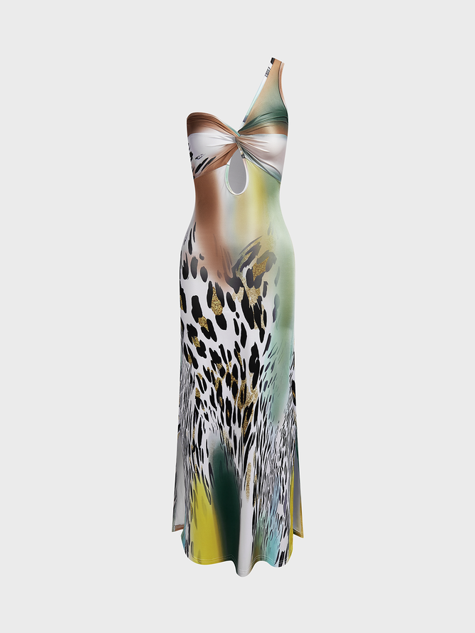 Cut Out One Shoulder Leopard Sleeveless Maxi Dress