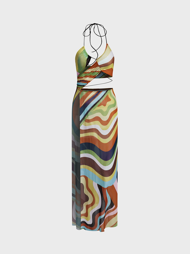 Asymmetrical Design cut out Halter Geometric Sleeveless Maxi Dress