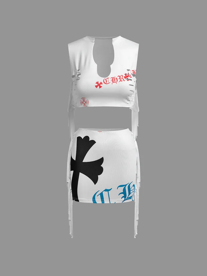 Jersey Text Letters Top With Skirt Two-Piece Set