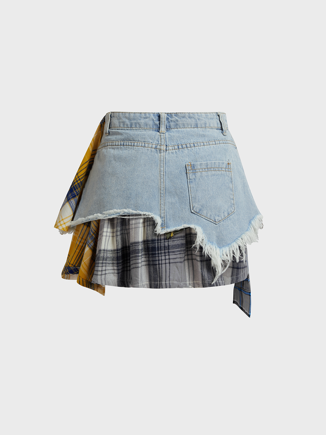 Denim Color Block Mini Denim Skirt