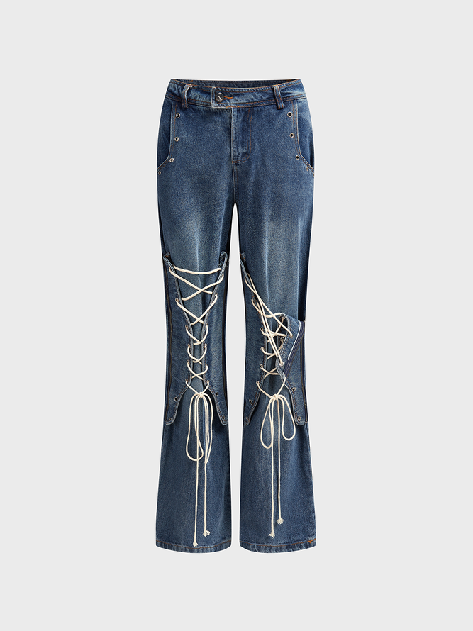 Denim lace up Plain Flare Pants Jeans