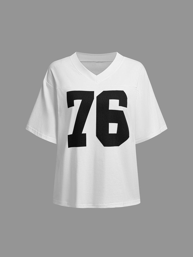 Jersey Shawl Collar Text Letters Short Sleeve T-shirt