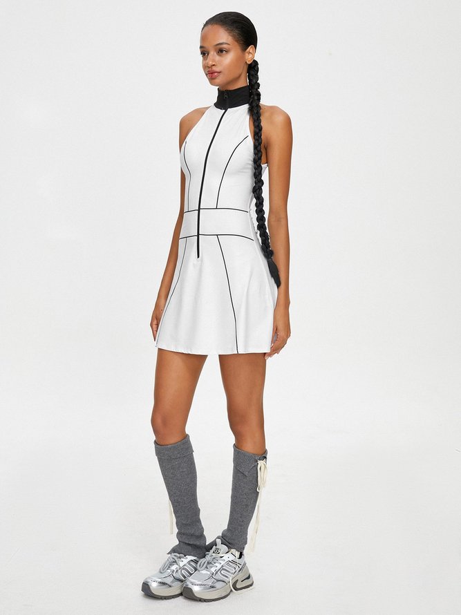 Stand Collar Color Block Sleeveless Mini Dress