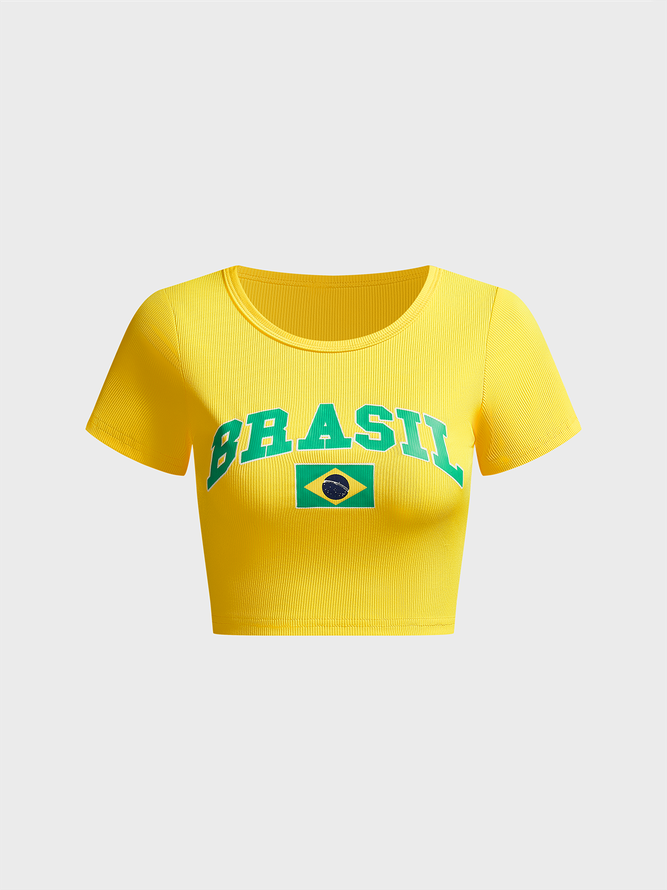 Jersey Brasil Crew Neck Text Letters Short Sleeve T-shirt