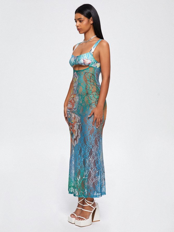 Cut Out Lace Spaghetti Ombre Maxi Dress