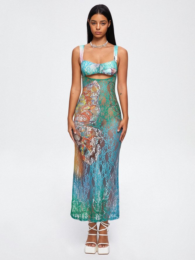 Cut Out Lace Spaghetti Ombre Maxi Dress