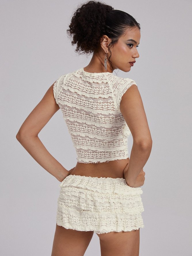 Lace Plain Top With Skirt Two-Piece Set