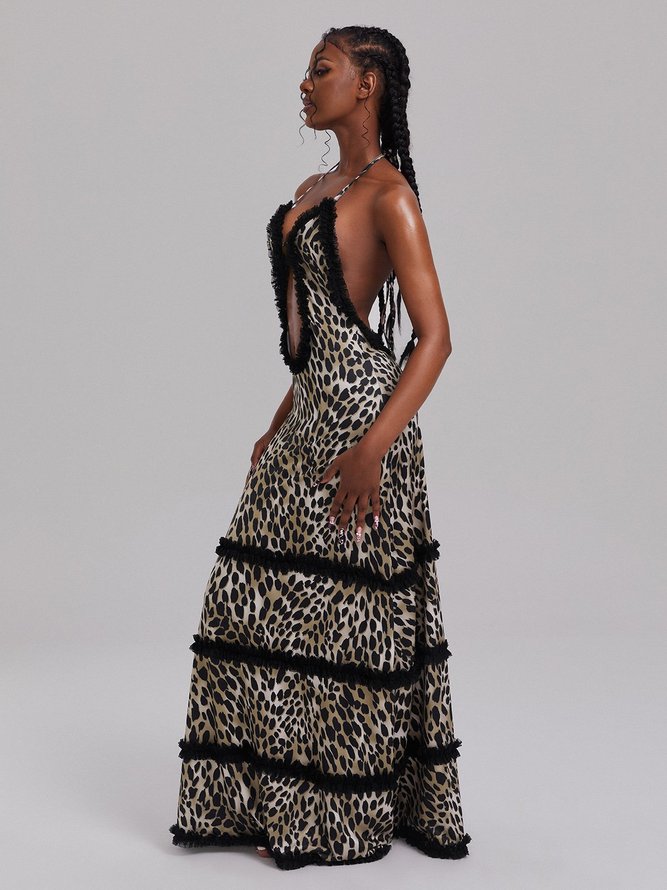 Halter Leopard Sleeveless Maxi Dress