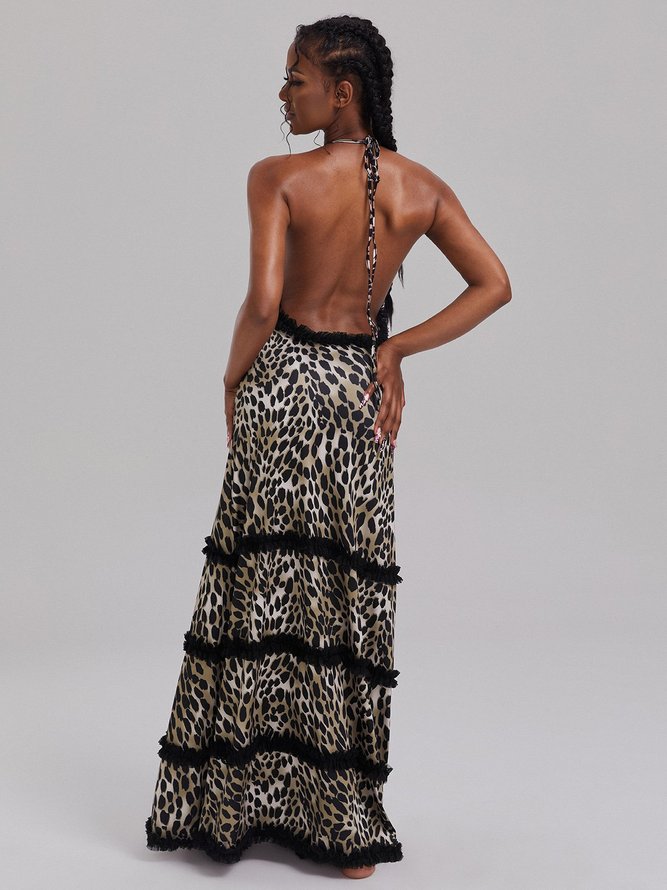 Halter Leopard Sleeveless Maxi Dress