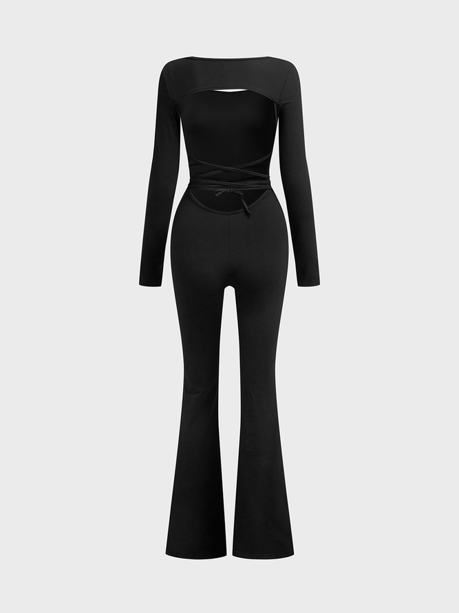 Jersey Square Neck Plain Long Sleeve Jumpsuit