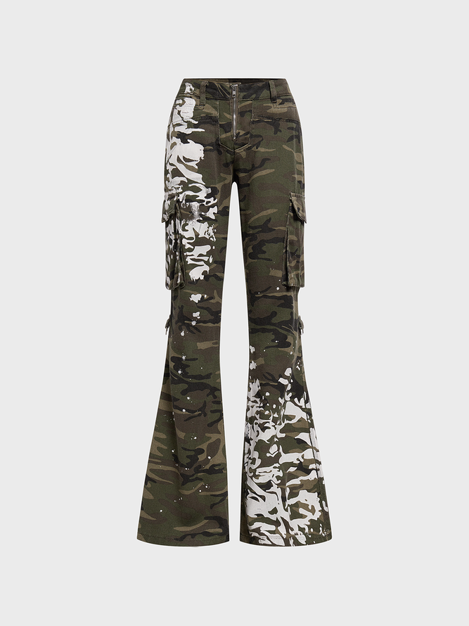 Twill Color Block Flare Pants Cargo Pants