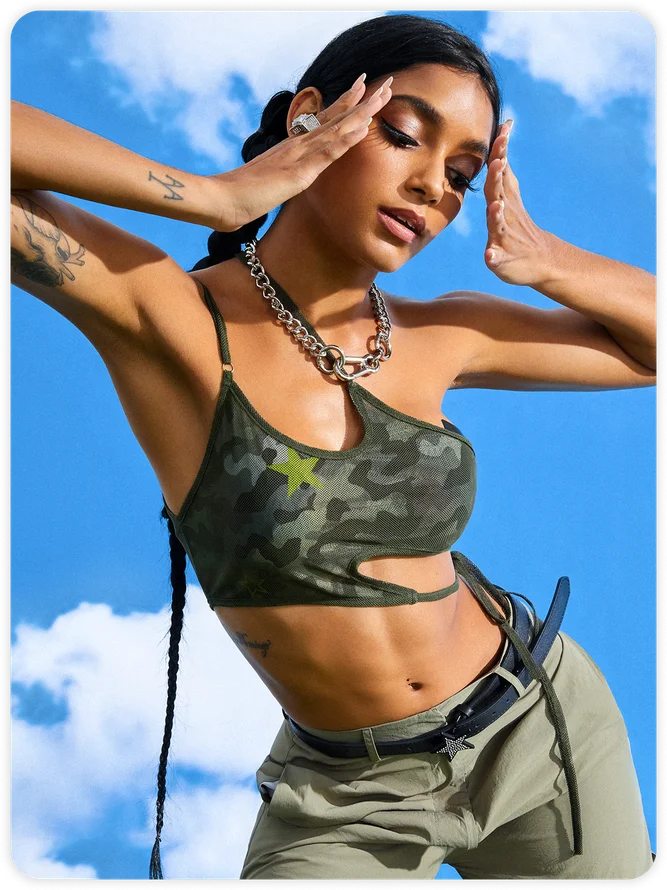 【Final Sale】Street Army Green Asymmetrical Design Camo Cyberpunk Top Tank Top & Cami