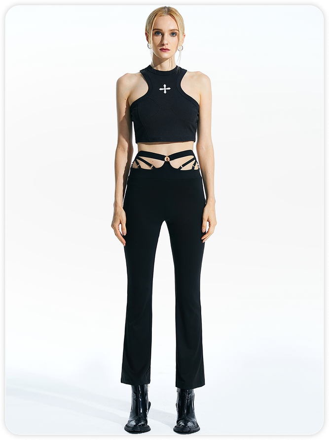 【Final Sale】Edgy Black Cut Out Metal Flare Bottom Pants