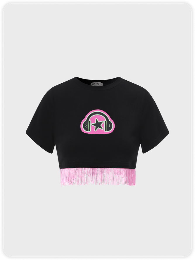 【Final Sale】Y2K Black Graphic Tassel Top T-Shirt