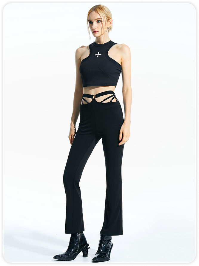 【Final Sale】Edgy Black Cut Out Metal Flare Bottom Pants