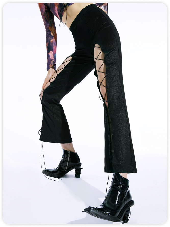 【Final Sale】Y2K Black Cut Out Lace Up Bottom Pants