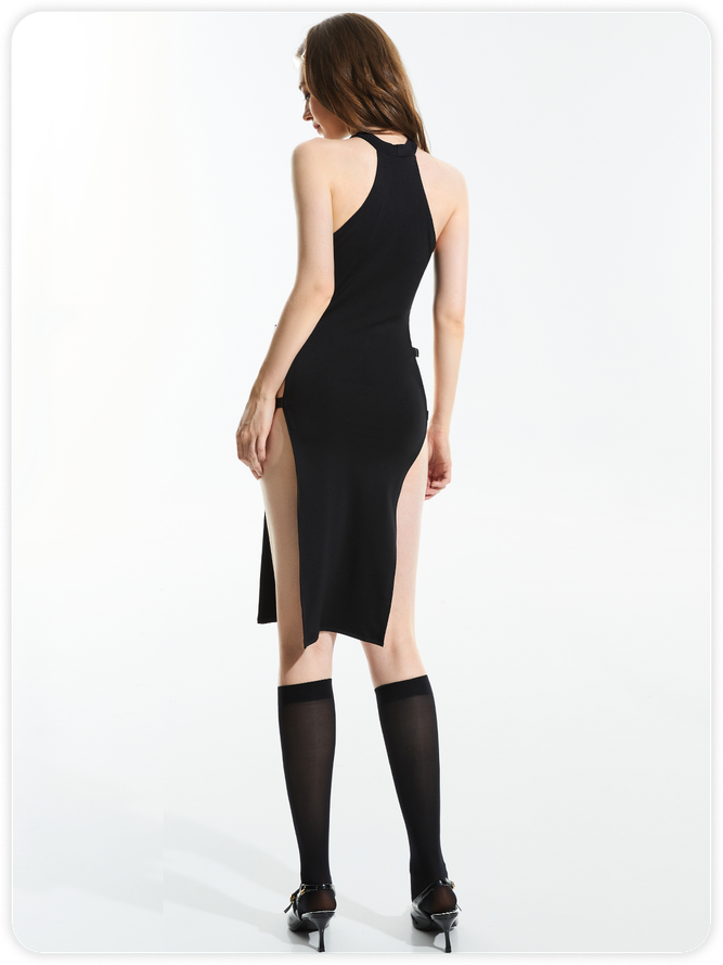 【Final Sale】Edgy Black Cut Out Cyberpunk Dress Midi Dress