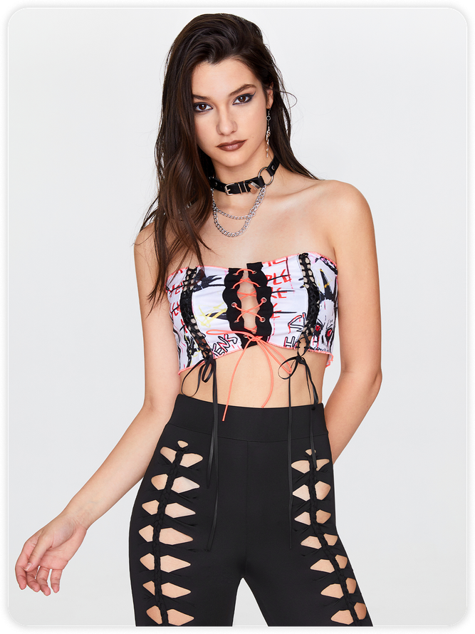 【Final Sale】Edgy White Graffiti Lace Up Halloween Top Women Top