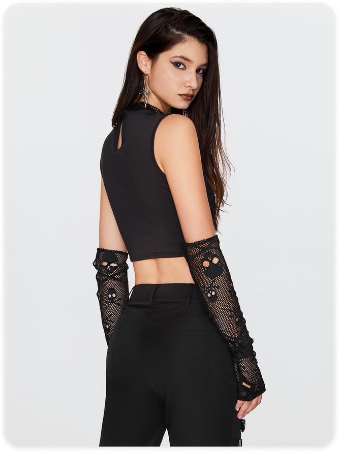 【Final Sale】Punk Black Slim Mesh Patchwork Halloween Top Women Top