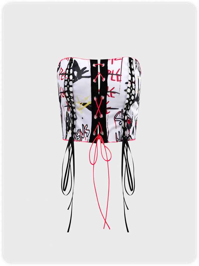 【Final Sale】Edgy White Graffiti Lace Up Halloween Top Women Top