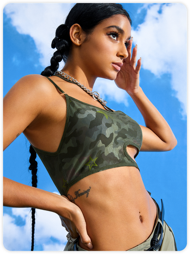 【Final Sale】Street Army Green Asymmetrical Design Camo Cyberpunk Top Tank Top & Cami