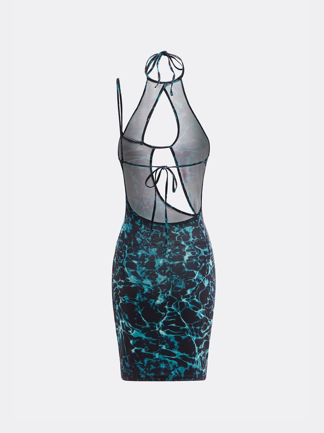 【Final Sale】Edgy Blue Marbling Cut Out Halter Dress Mini Dress