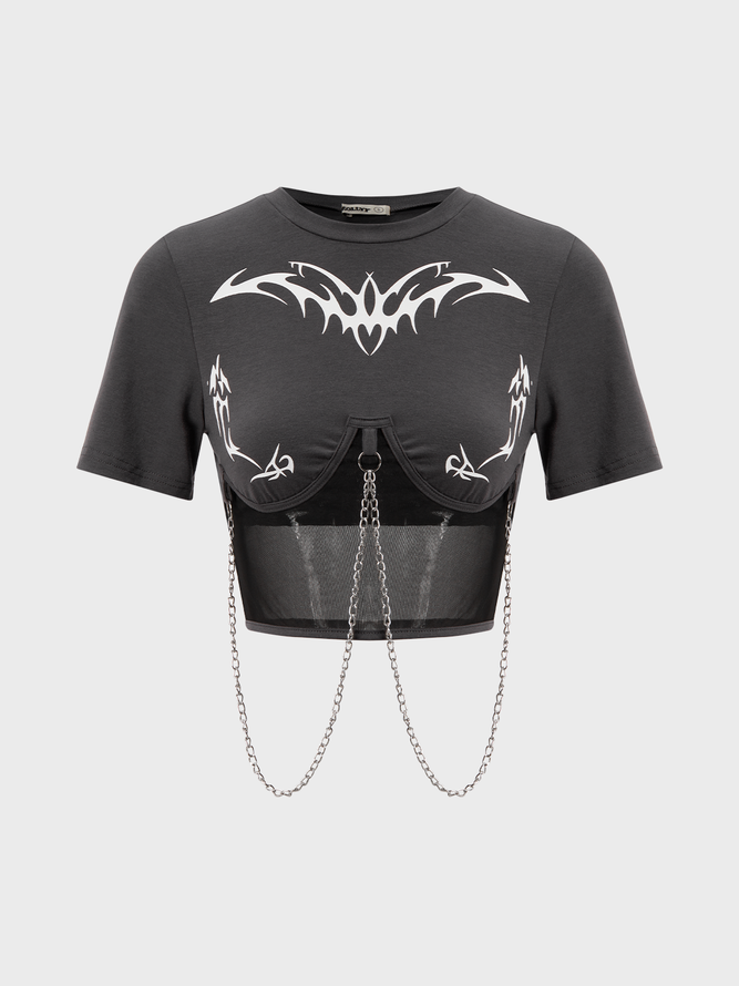 Street Gray Graphic Patchwork Metal Chain Top T-Shirt