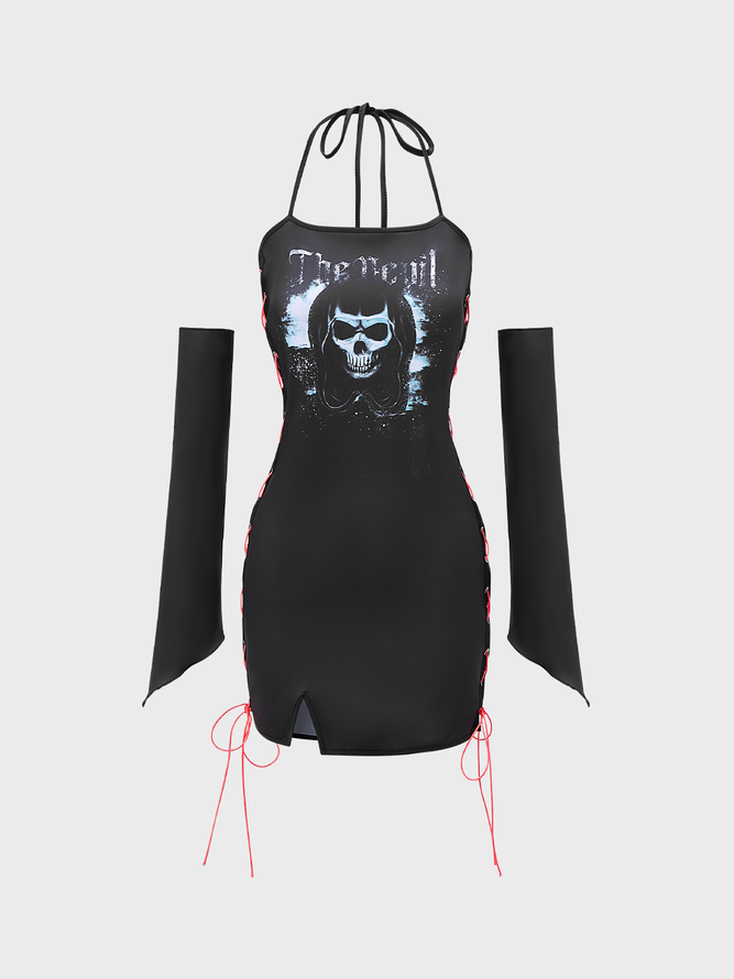 【Final Sale】Punk Black Lace-Up Design Skull Slim Halloween Dress Mini Dress