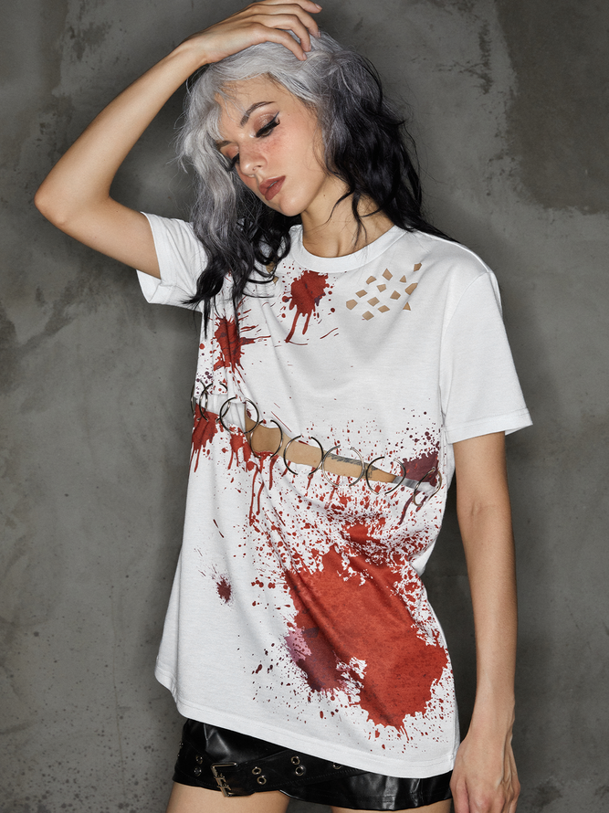 【Final Sale】Punk White Graffiti Metal Cut Out Halloween Top T-Shirt