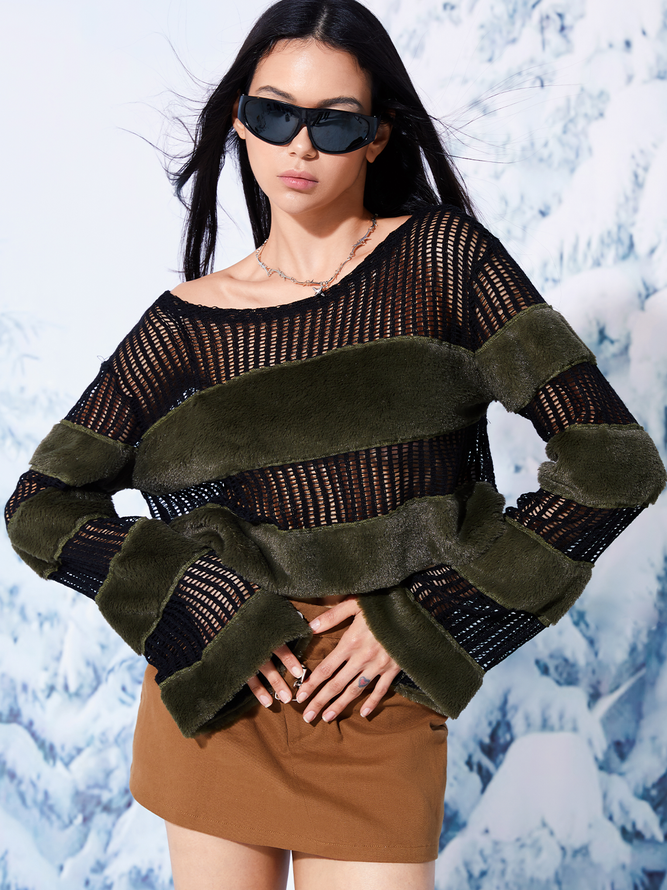 【Final Sale】Net Cut Out Patchwork Fuzzy Long Sleeve Crop Top