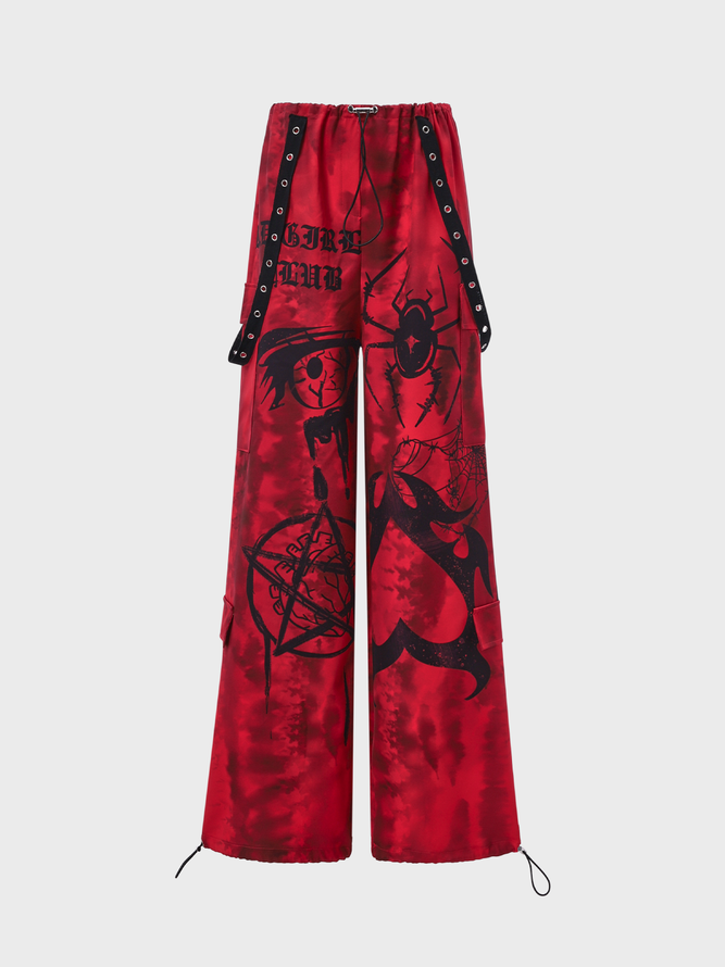 【Final Sale】Punk Red Graffiti Removable Straps Cargo Halloween Bottom Pants