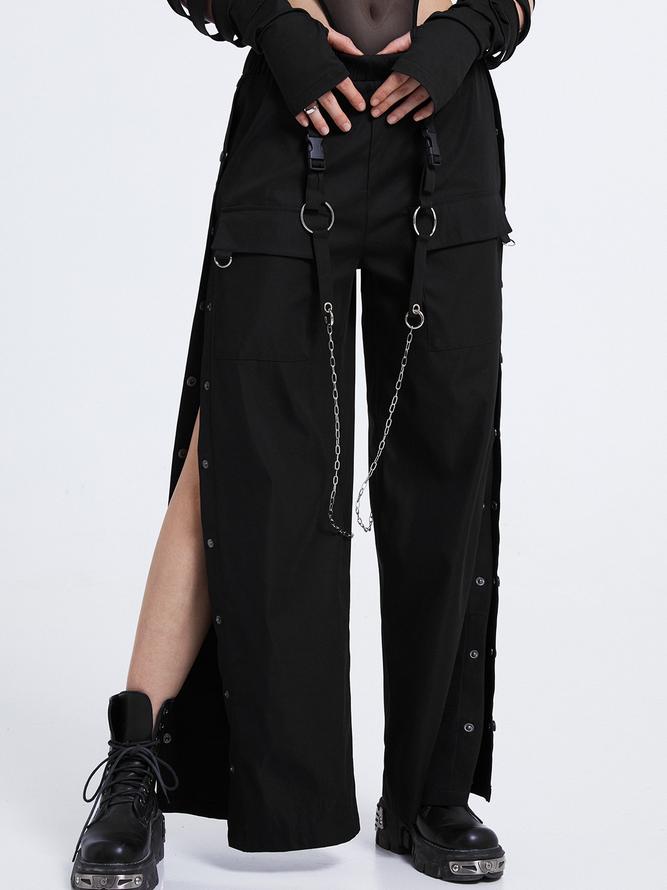 【Final Sale】Street Black Side Slit Cut Out Metal Chain Bottom Pants