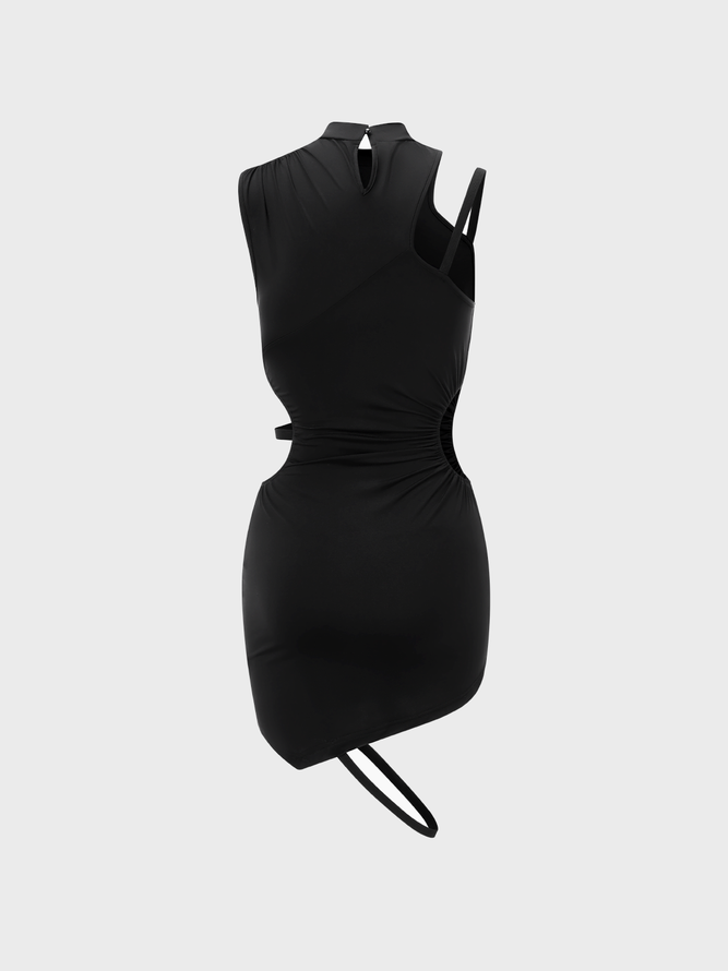 【Final Sale】Edgy Black Asymmetrical Design Cut Out Cyberpunk Dress Mini Dress