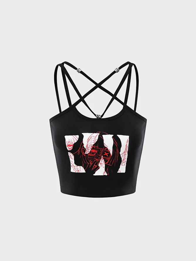 【Final Sale】Punk Black Lace-Up Design Graffiti Halloween Top Tank Top & Cami