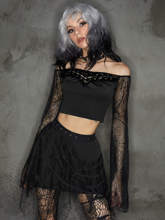 【Final Sale】Punk Black Lace Up Patchwork Mesh Halloween Top Women Top