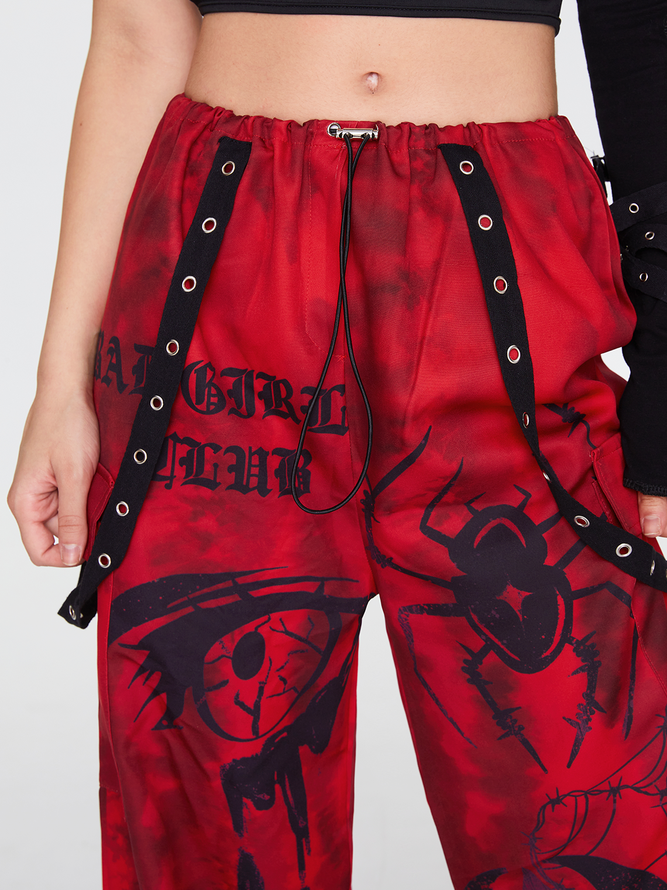 【Final Sale】Punk Red Graffiti Removable Straps Cargo Halloween Bottom Pants