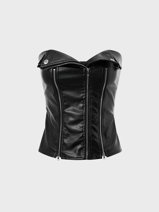 【Final Sale】Punk Black Pu Zip Up Top Women Top