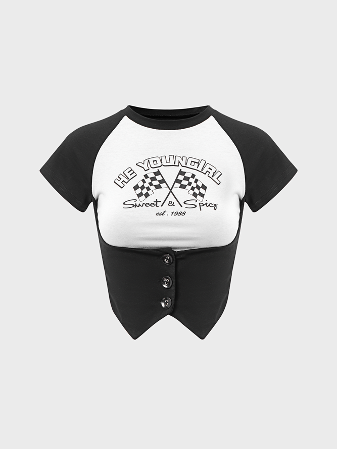 【Final Sale】Y2K Black Letter Button Back To School Top T-Shirt