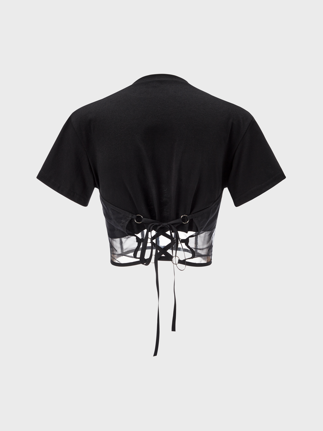 Street Black Lace-Up Design Mesh Graphic Top T-Shirt