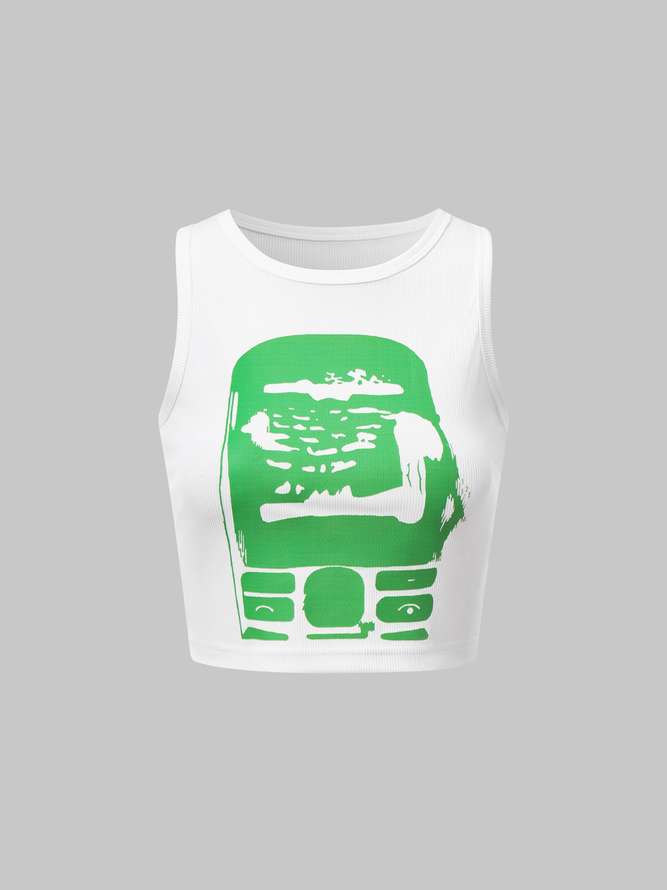 【Final Sale】Street Green Phone Print Single Color Print Top Tank Top & Cami