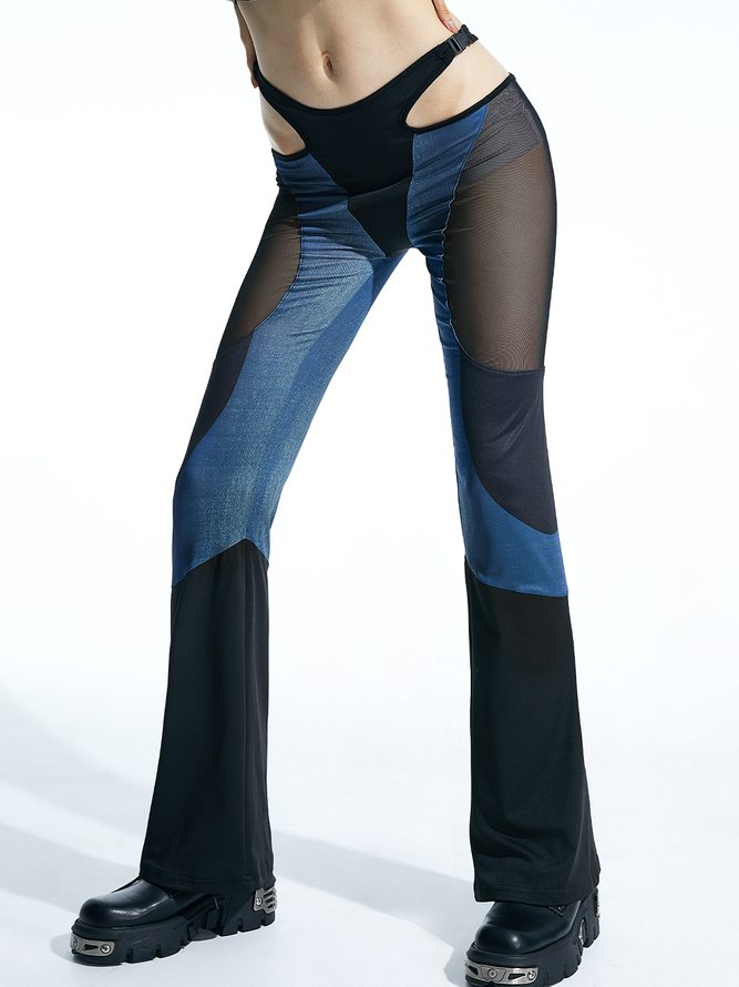 【Final Sale】Edgy Blue Cut Out Mesh Patchwork Cyberpunk Bottom Pants