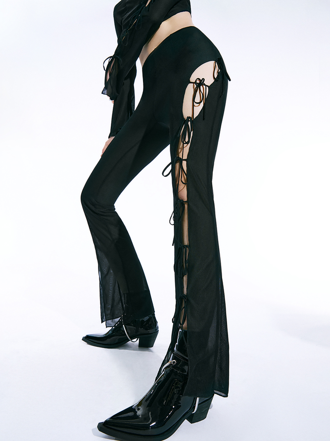 Y2K Black Lace Up Asymmetrical Design Mesh Bottom Pants